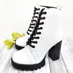 New White Lace Lug Up Chunky Heel Combat B…